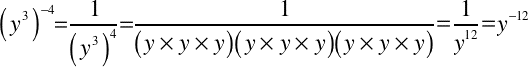 (y^3)^(-4)=1/(y^3)^4=1/y^12=y^(-12)=y^(3*(-4)). 